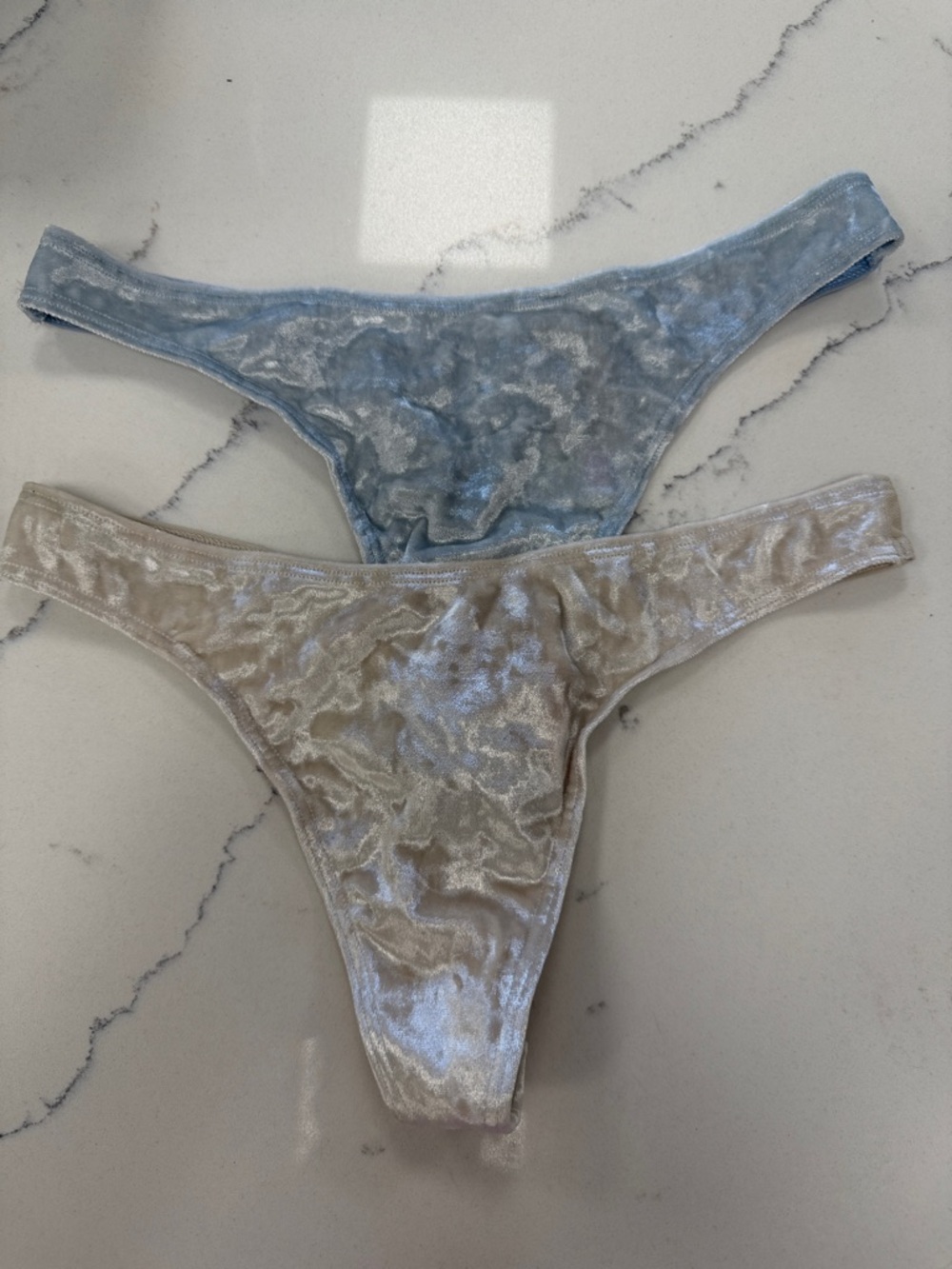 PINK Victoria's Secret Velvet Thong Set in Light Blue and Cream